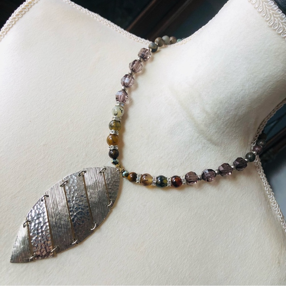 Handcrafted large articulated pendant genuine stone necklace
